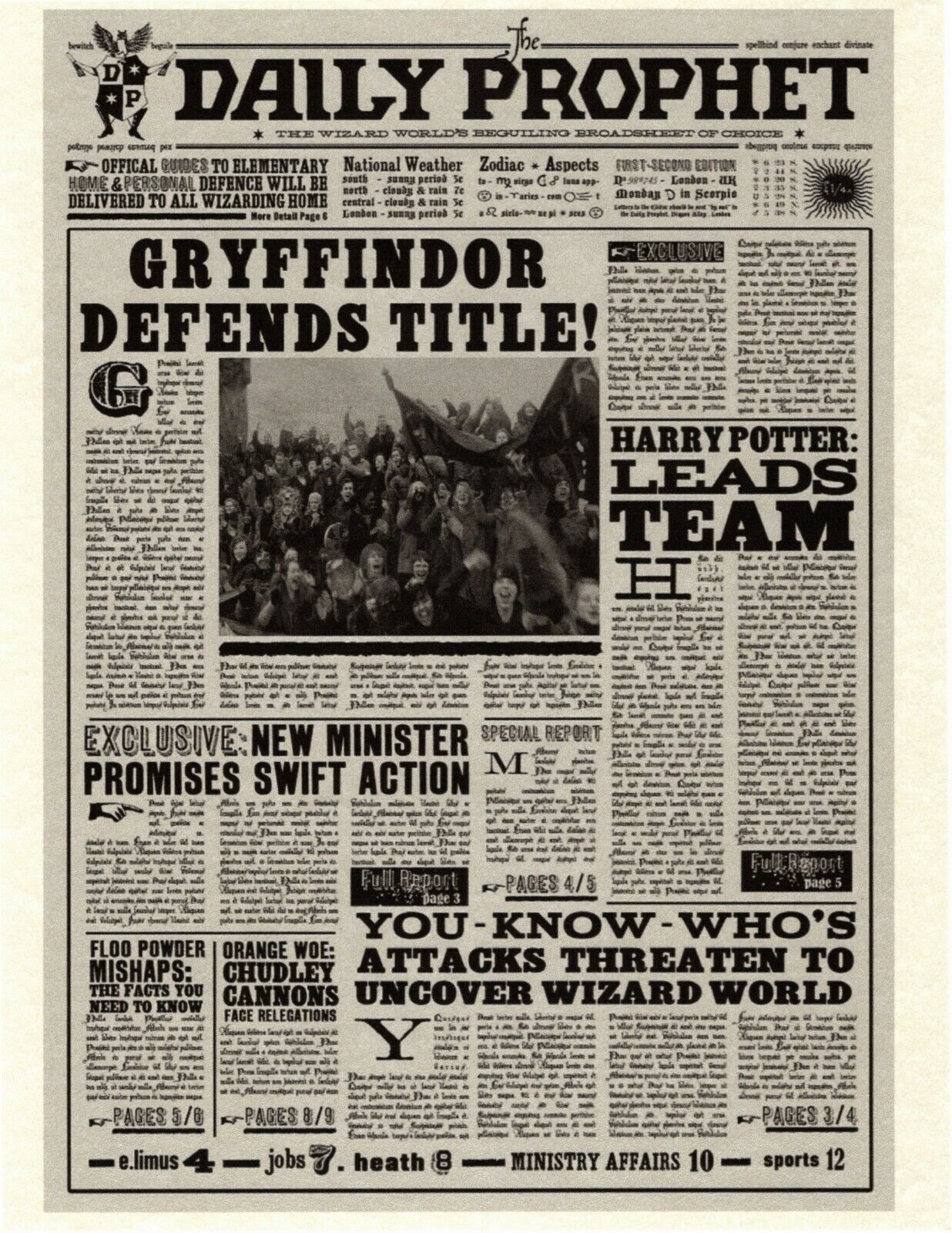 Daily Prophet Harry Potter Gryffindor Defends Title Flyer Prop/Replica