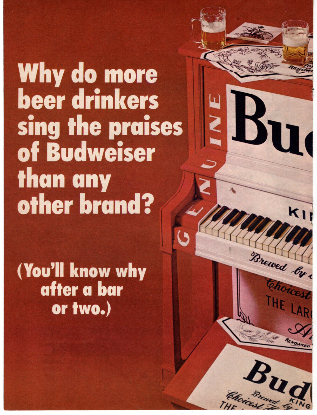 Budweiser King of Beers Piano 1970 Vintage 2 Pg Print Ad Original Man Cave Decor
