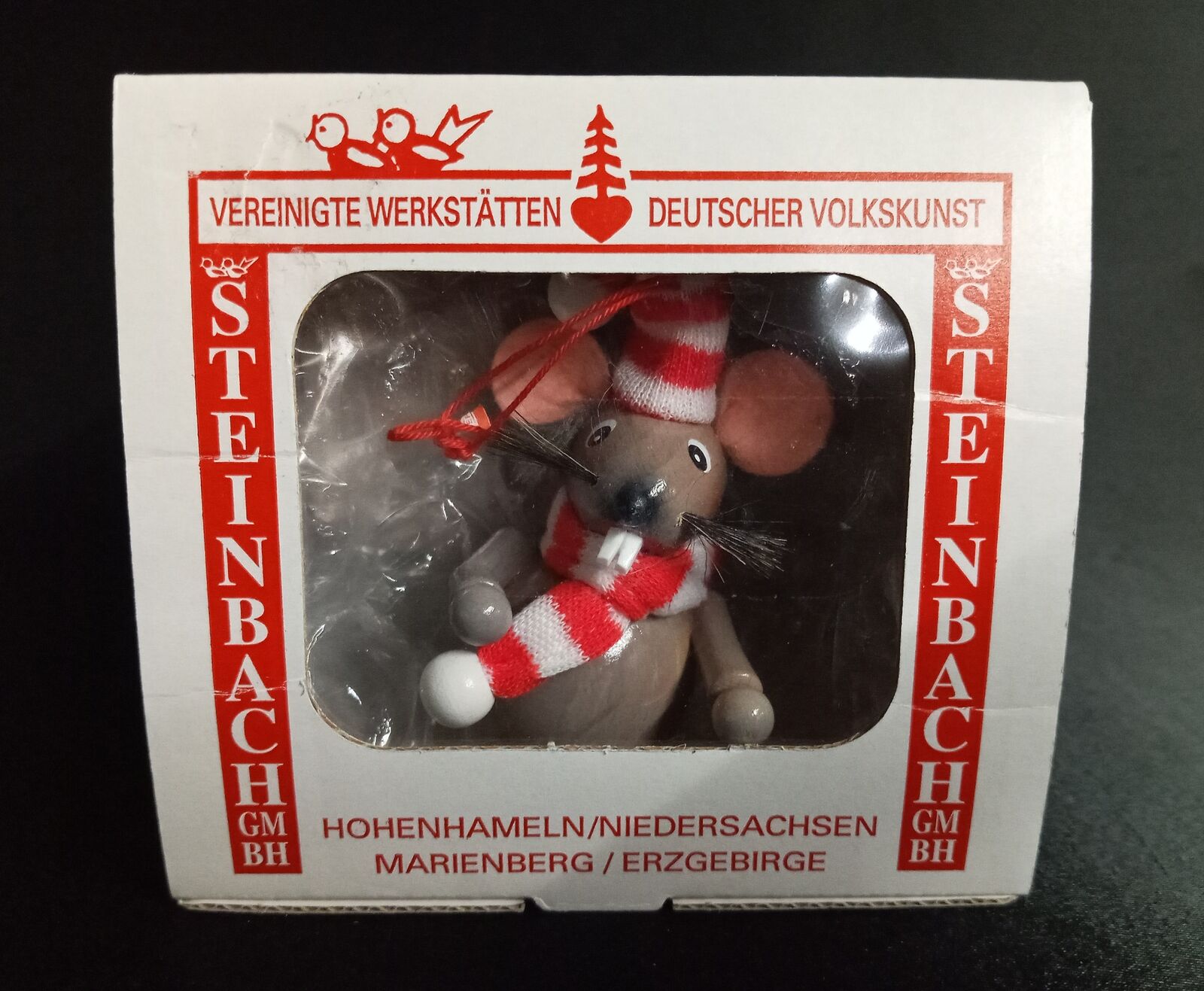 Authentic Steinbach Grey Mouse with Scarf Christmas Ornament; New in Box