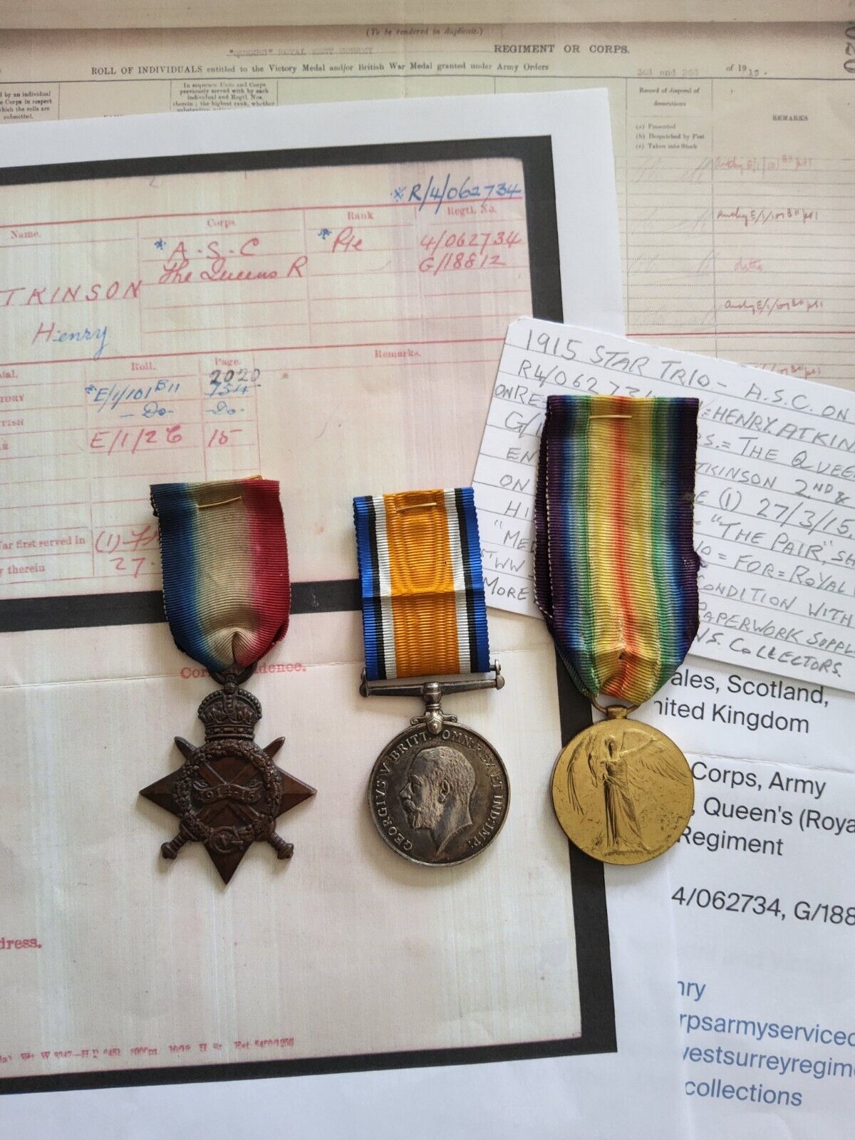 Genuine WW1 Medals Trio Royal West Surrey  & Army Service Corps British Military