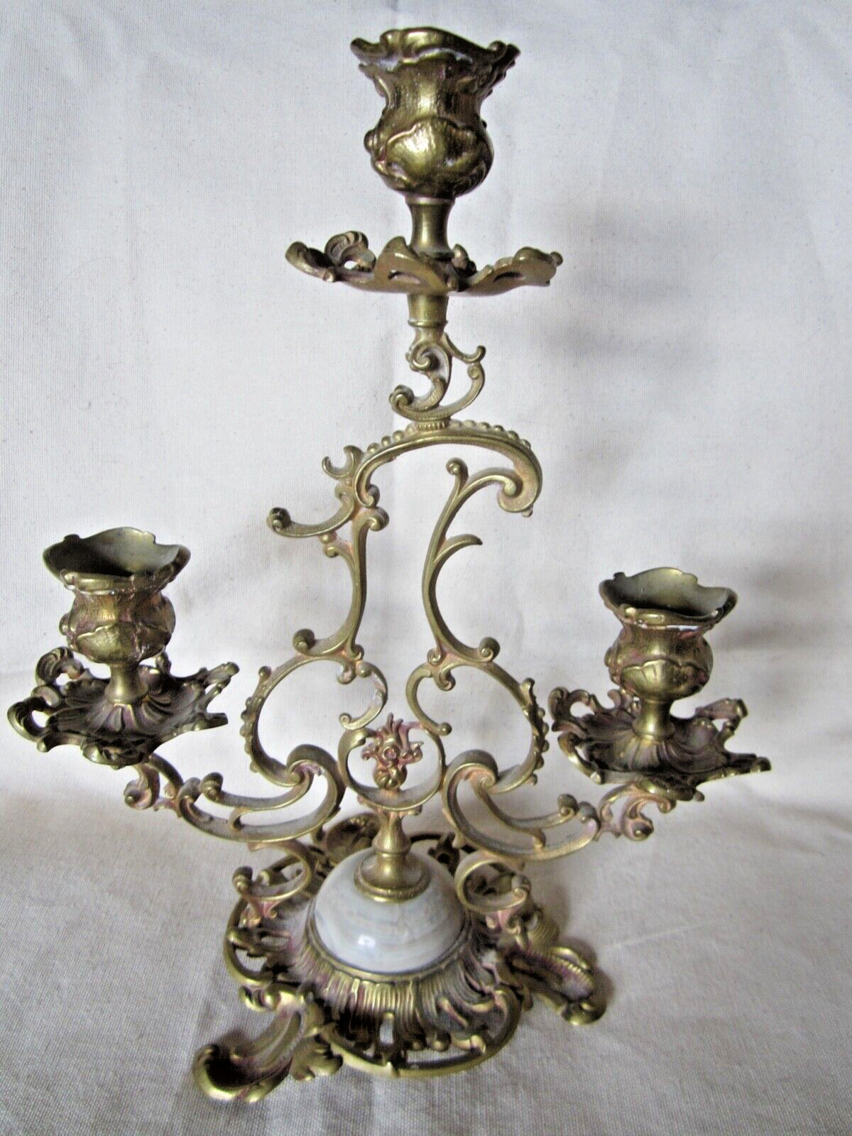 Antique Victorian Cast Baroque Bronze Marble Candle Holder Candelabra Rococo