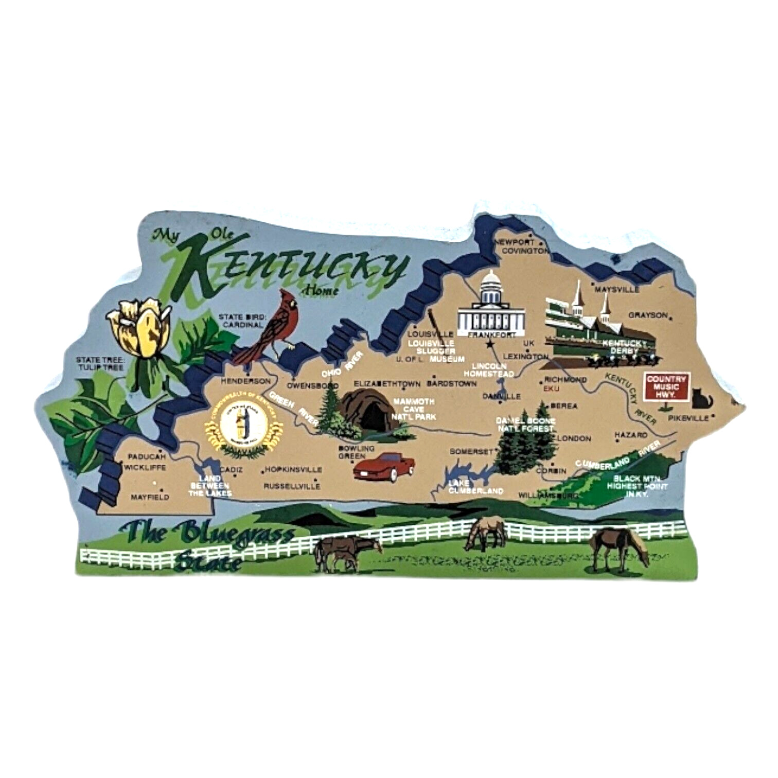 Cat's Meow Kentucky State Map Bluegrass Horses Derby Mammoth Cave Shelf Sitter