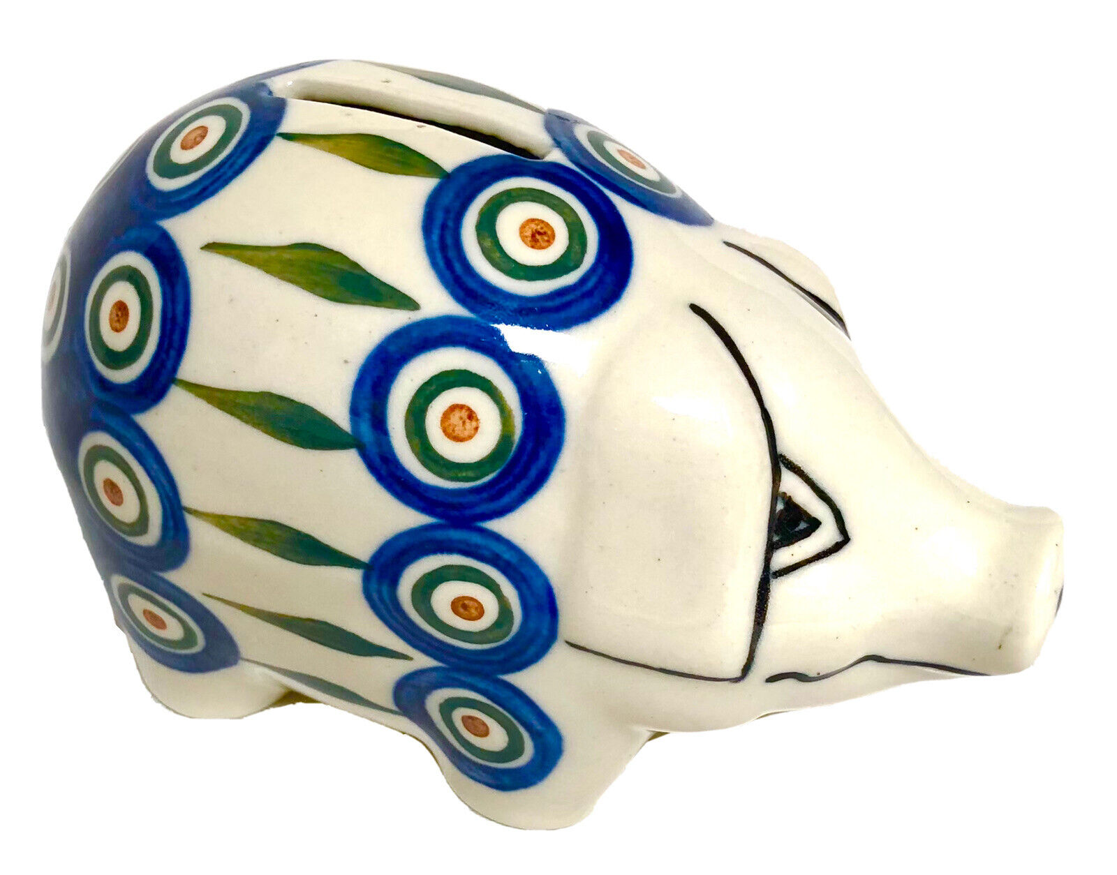 Piggy Bank Ceramika Artystyczna Blue Rose Peacock Leaves 9” 