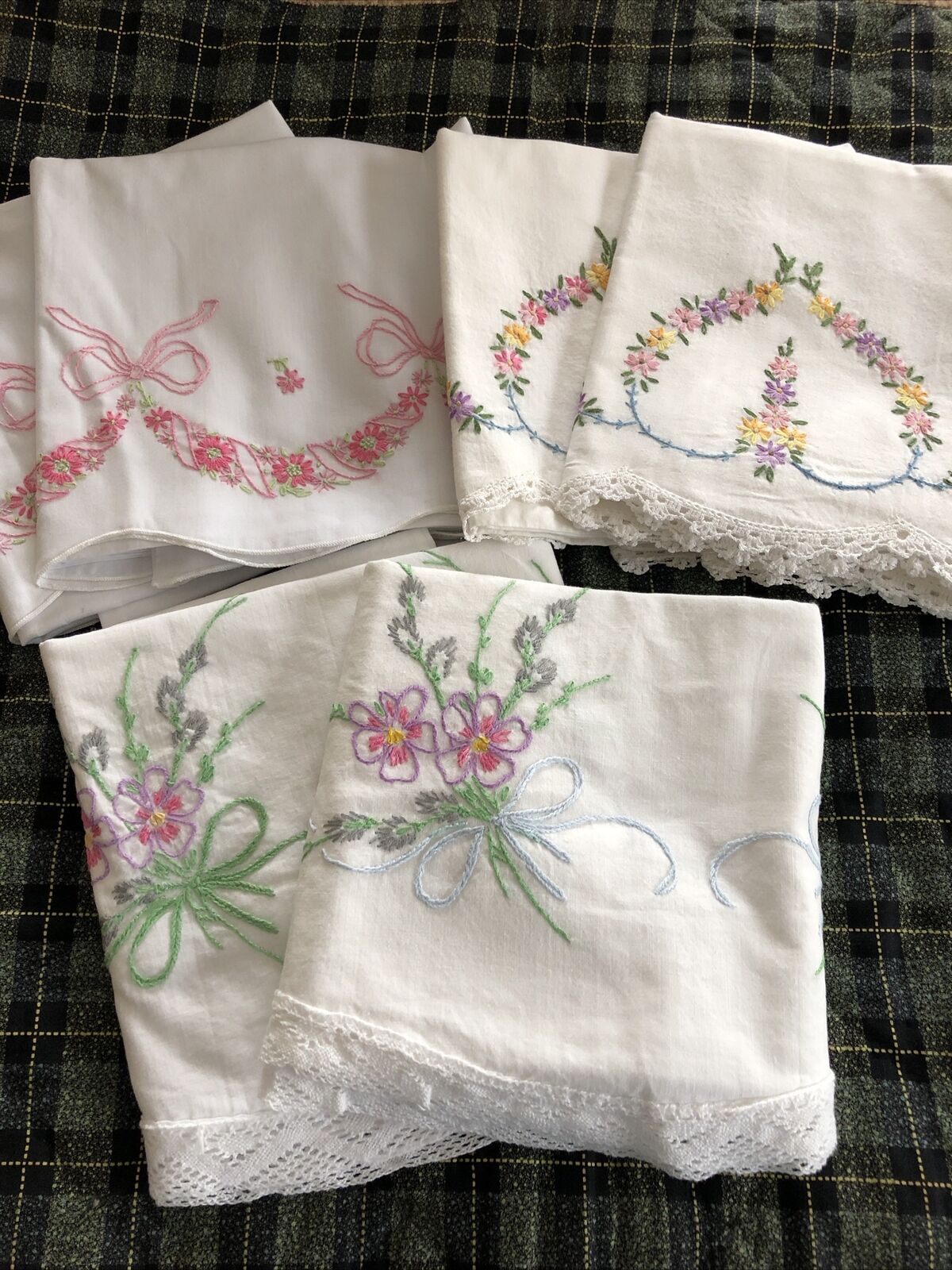 Lot of 3 Pair Vintage Embroidered Crochet Standard Pillowcase Sets