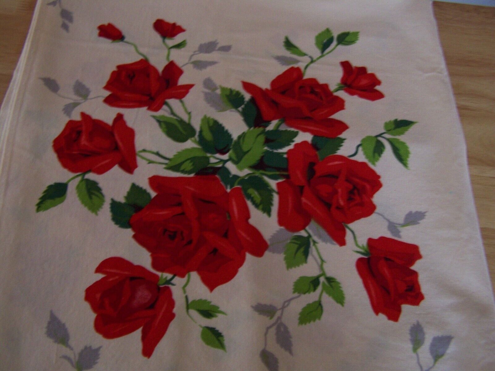 Vintage Wilendur Cotton Tablecloth ROYAL RED ROSES 54 x 68 COTTAGE CORE