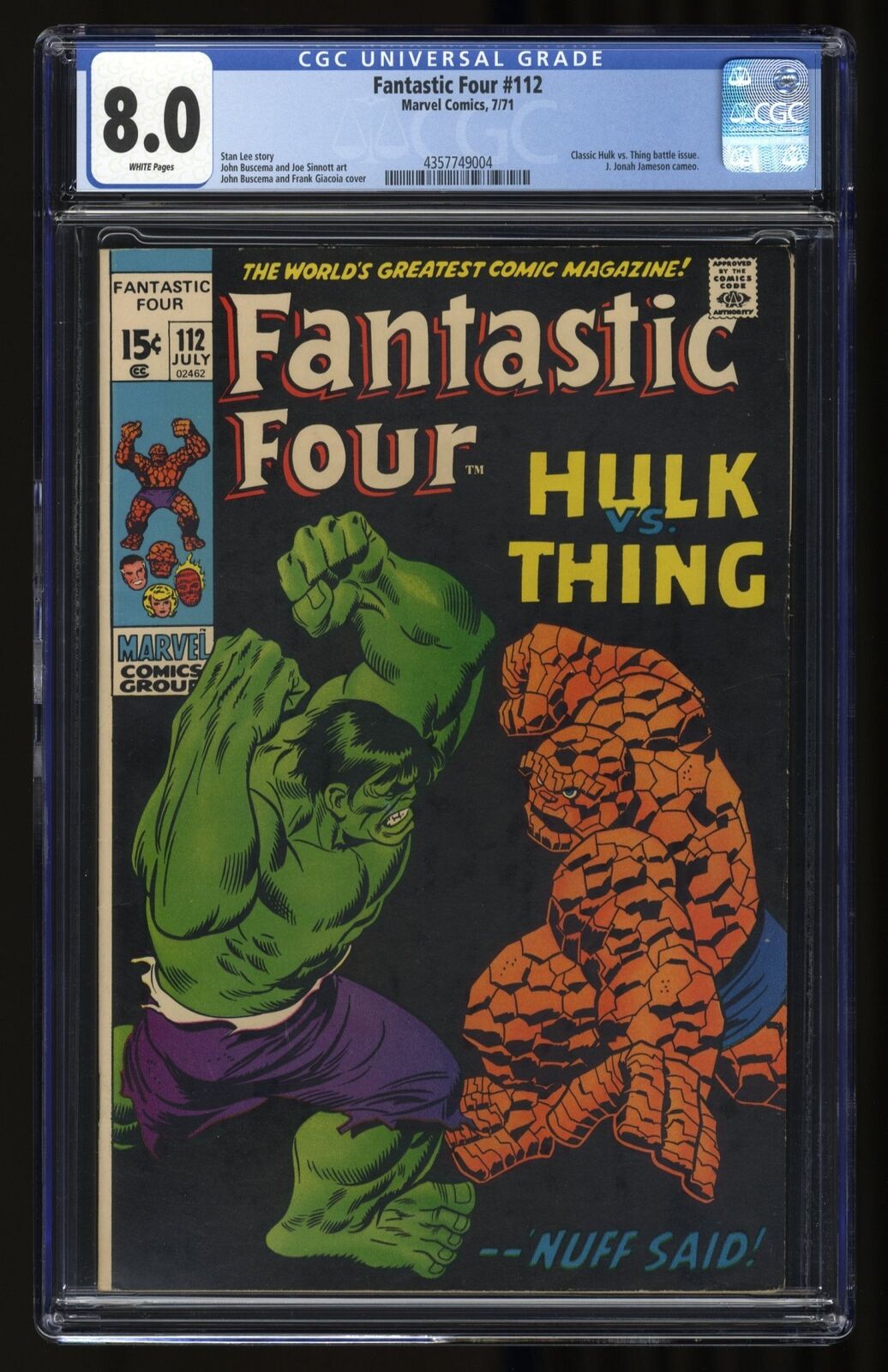 Fantastic Four #112 CGC VF 8.0 White Pages Incredible Hulk Vs Thing Battle