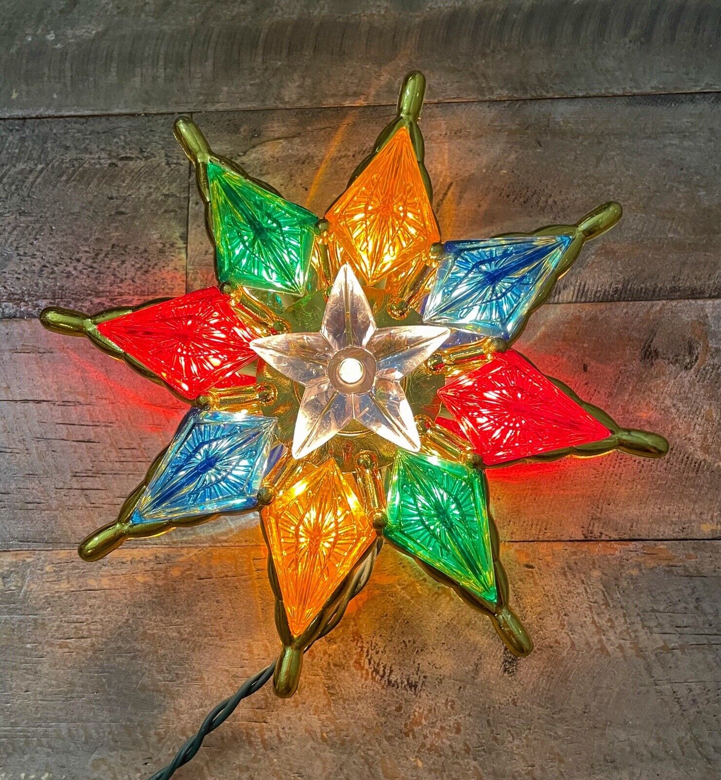 Vintage Multi-Colored Lights Star Tree Topper Christmas Double Sided Plastic 8”