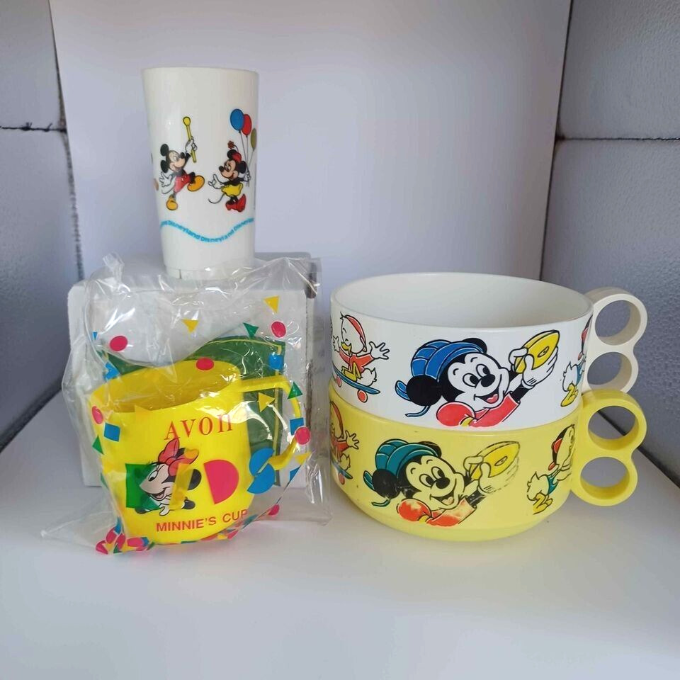 Vintage Disney Mickey Mouse & Friends (2) B-Handle Bowls (1) Cup (1) Glass