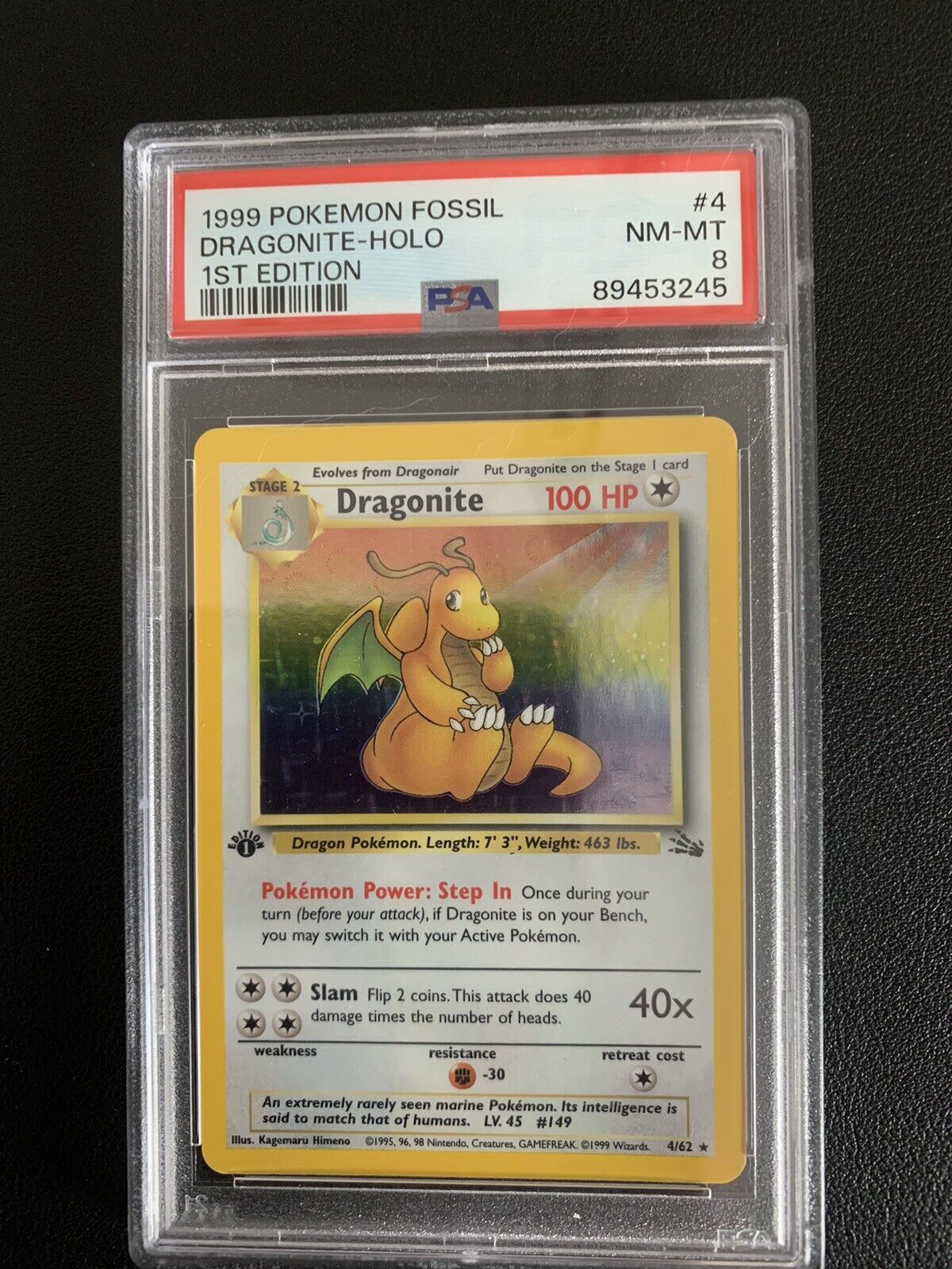 PSA 8 1999 Pokemon Dragonite 4/62 1st Edition Fossil Holo Rare NM / MINT