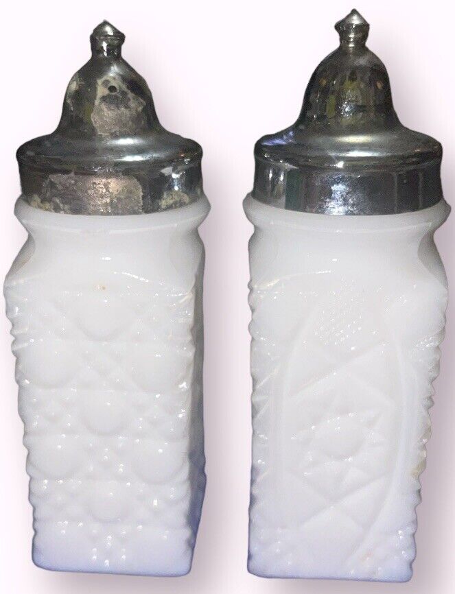 Vtg Milk Glass Salt Pepper Shakers Mid Century Cut Glass