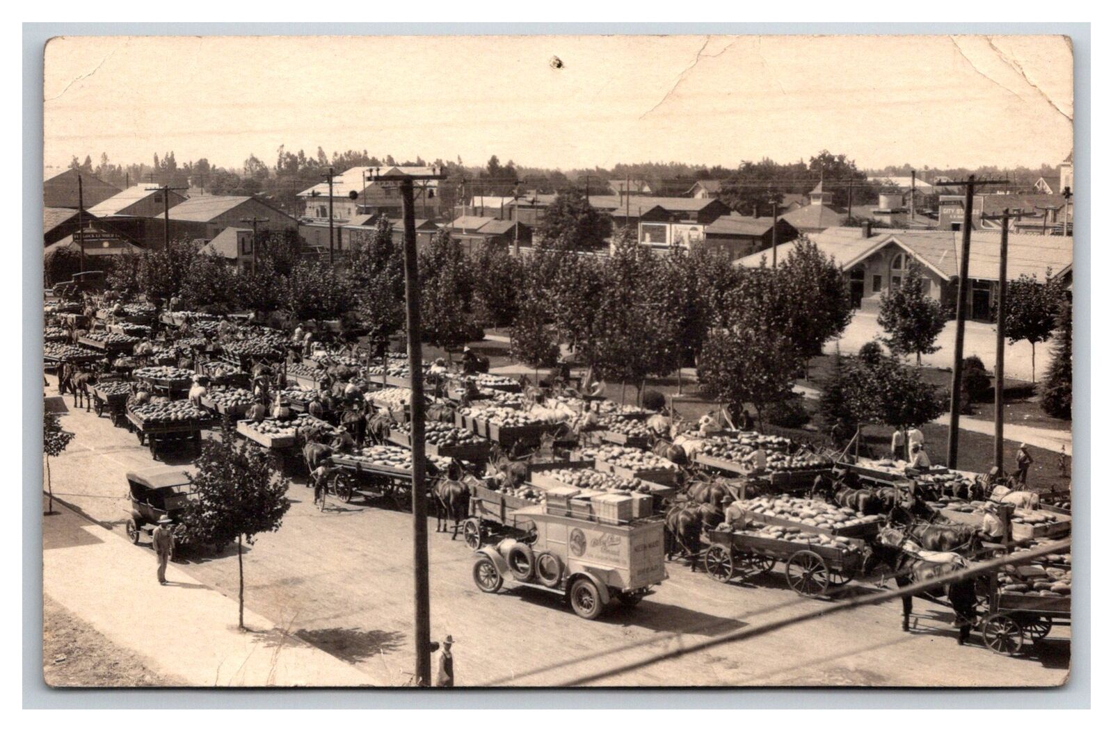TURLOCK, CA, Aerial , WATERMELON WAGONS  SHIPPING @ depot, Delivery truck RPPC