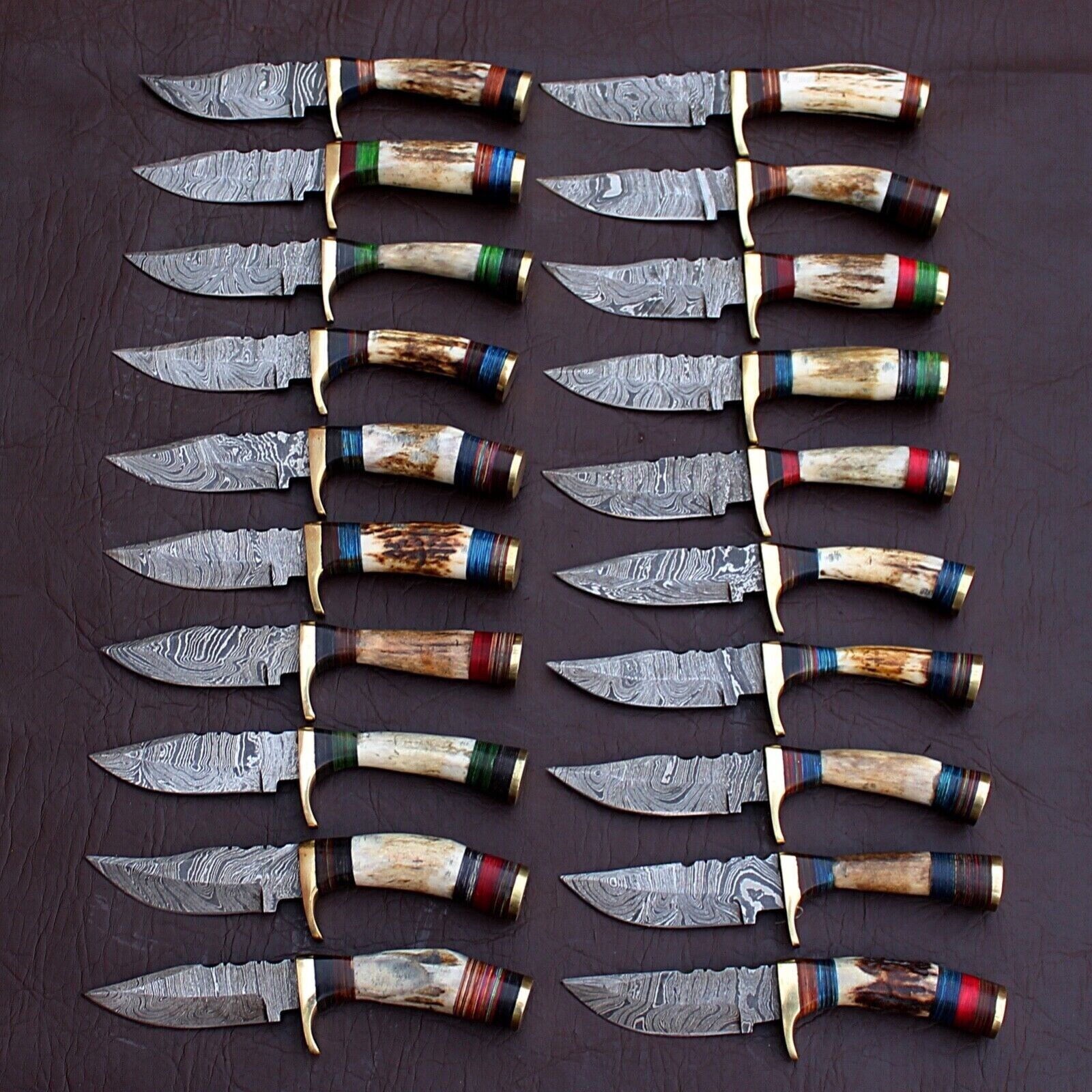 LOT OF 50, 6 inches Handmade Damascus Steel Skinner Knives in Stag Horn W/Sheath
