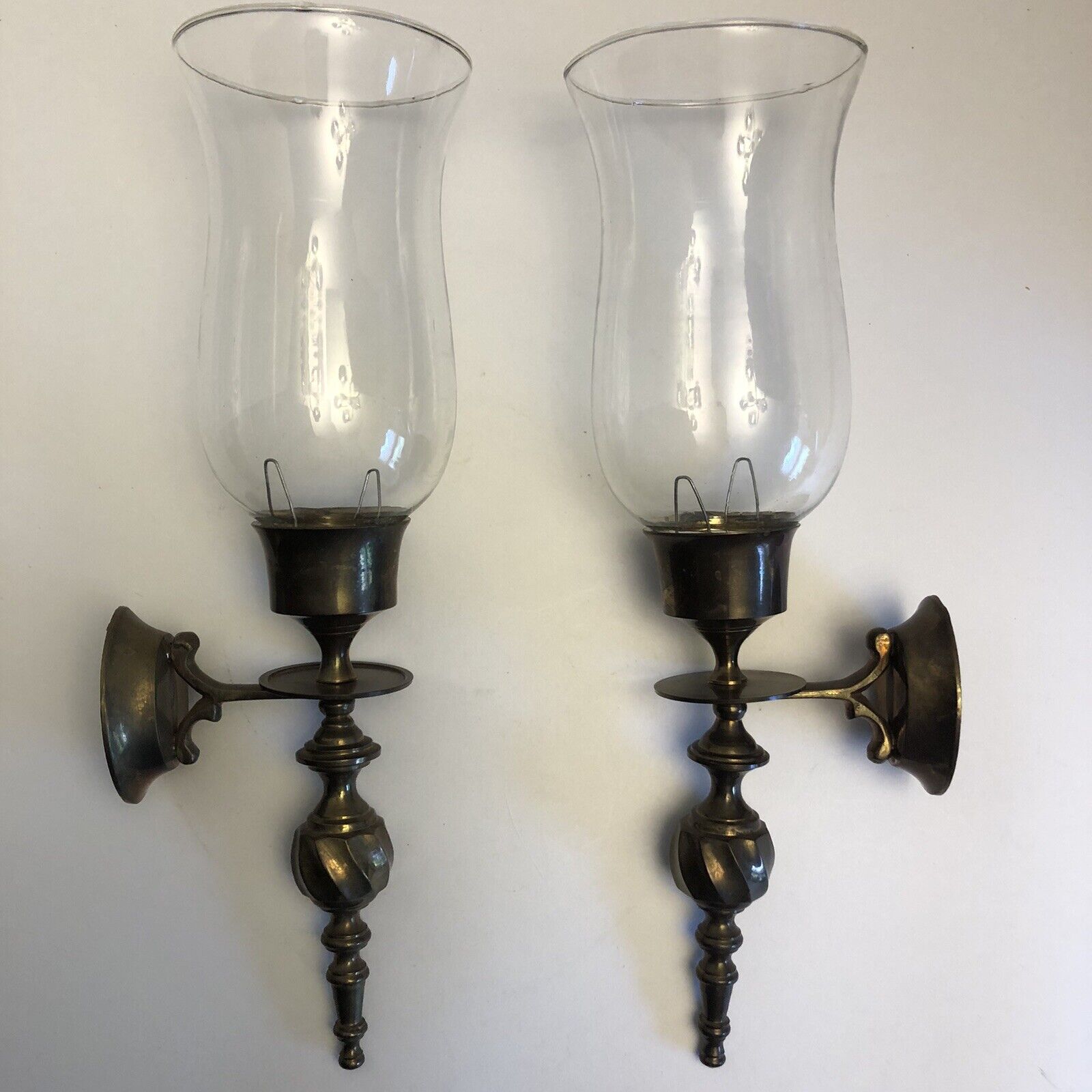Vintage pair (2) Brass Wall Sconce Candle Holder w/Hurricane Glass Shade.