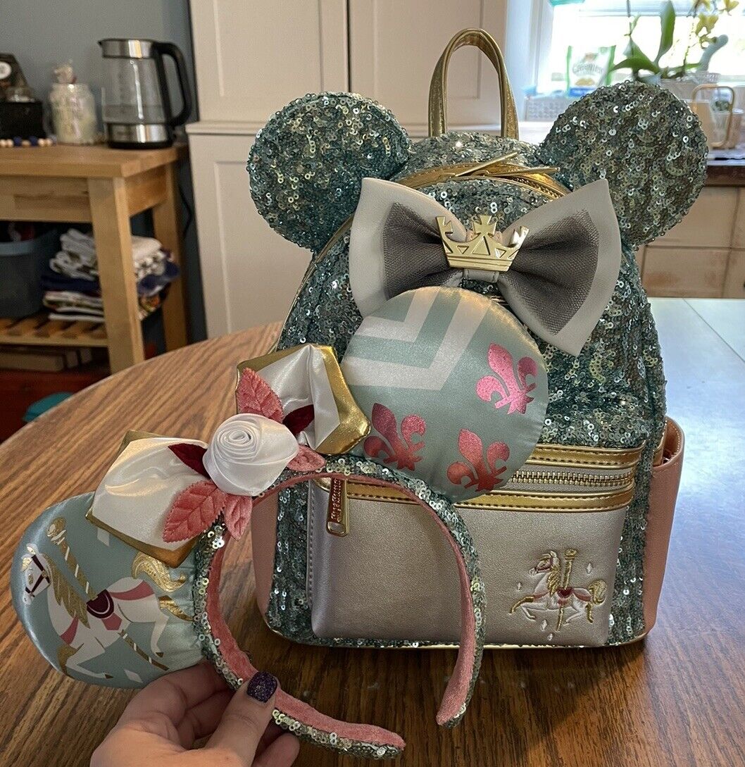 Disney Loungefly Minnie Main Attraction King Arthur Carousel Mini Backpack Set