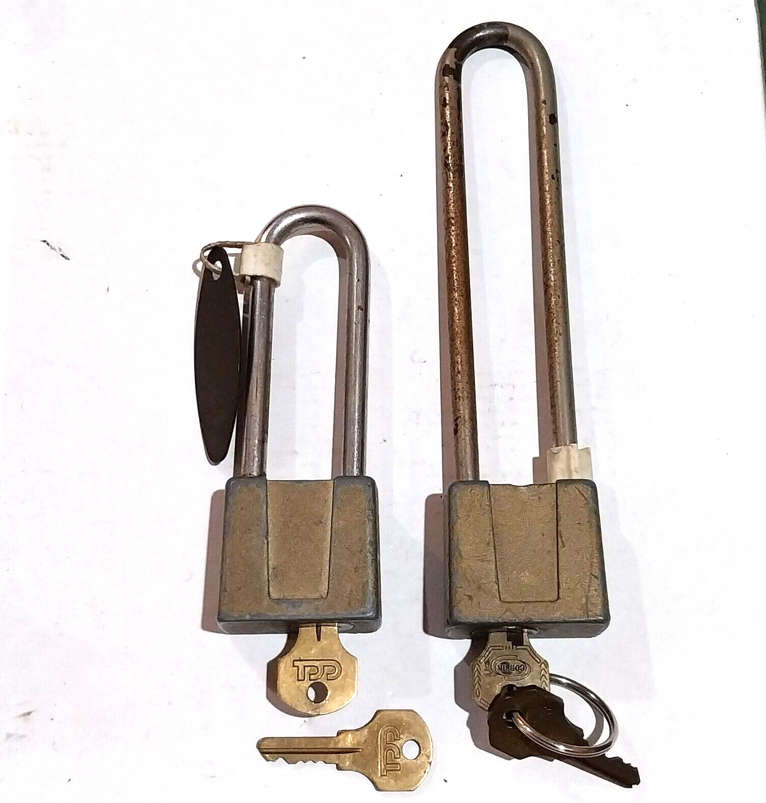 Vintage 2-Pc Corbin Lock Long Shackle Steel Brass Padlocks with 2-Key Sets