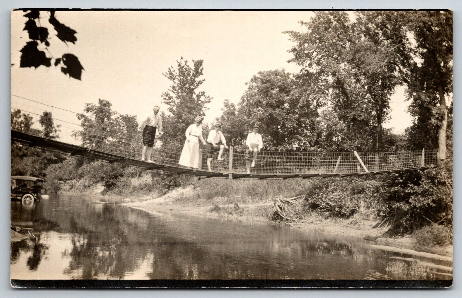 c 1910s RPPC Swimmers People Foot Bridge with Car in Water Real Photo Postcard