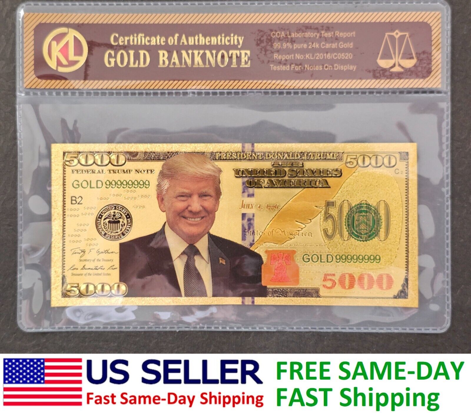 1Pc President Donald Trump Colorized $5000 Bill Gold Foil Banknote US w/ COA 🔥