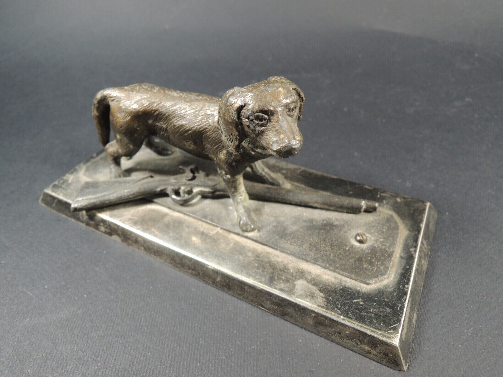 Antique Austria paperweight rifle, hunting dog-mixed metal