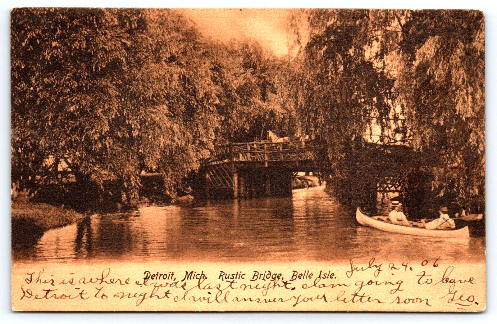 1906 Postcard Detroit Mich. Rustic Bridge Belle Isle Couple in Canoe Horse A12
