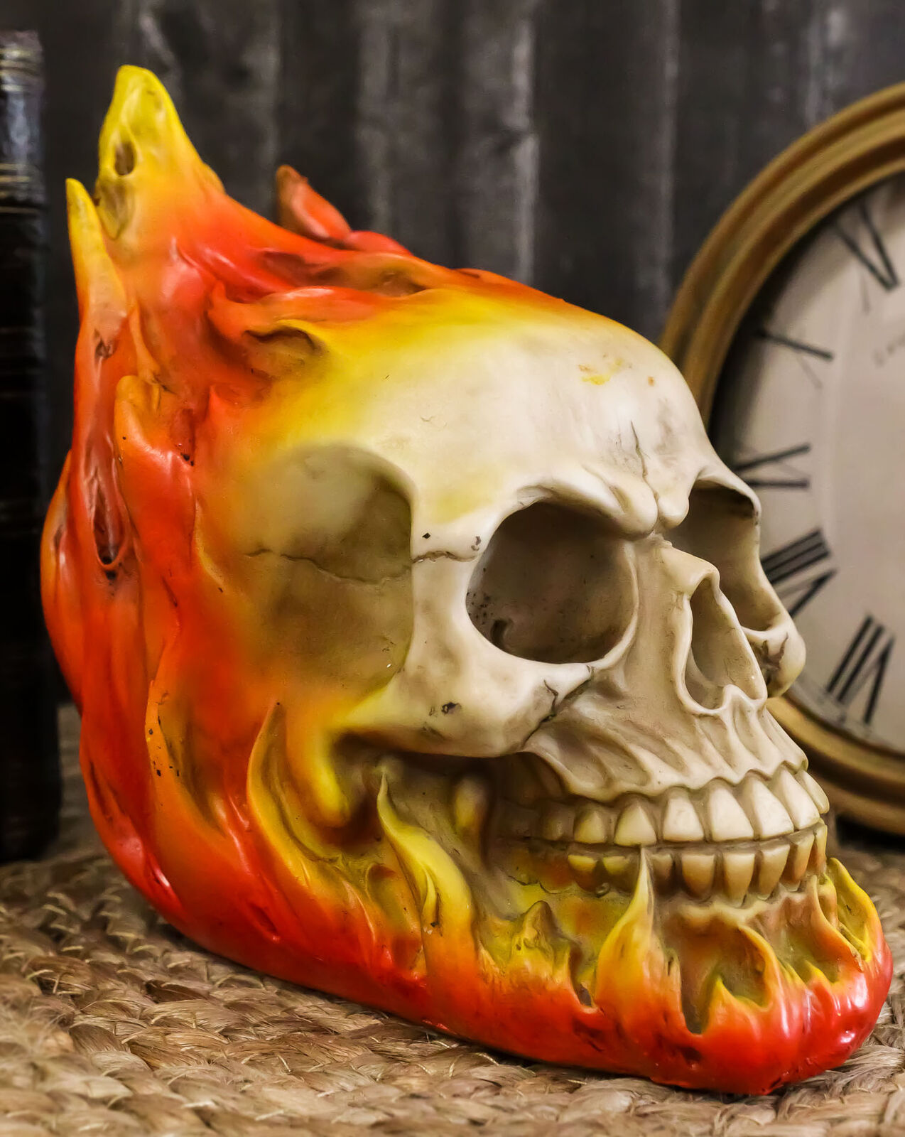 Ebros Ghost Rider Skull with Fire Flame Skeleton Figurine Halloween Decor 6\