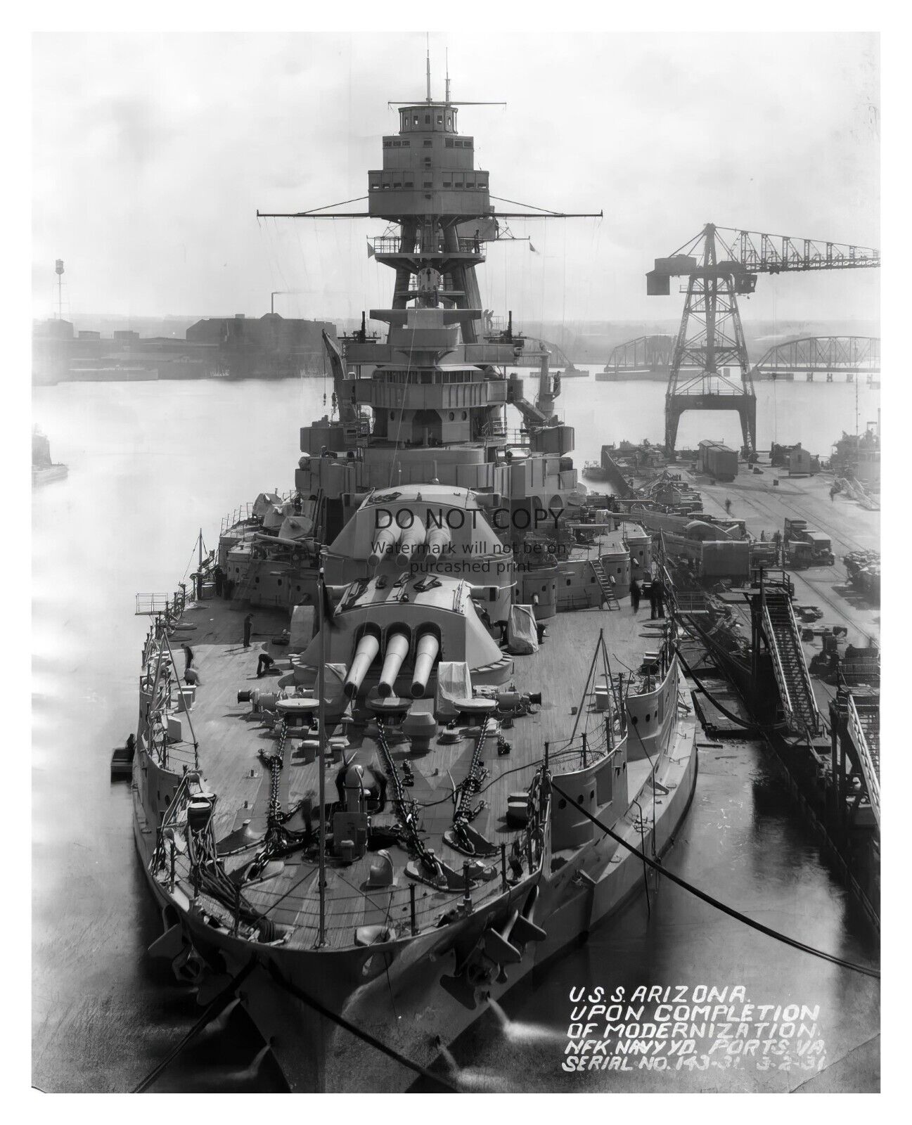 USS ARIZONA NAVY BATTLESHIP AT NORFOLK SHIPYARD IN PORTSMOUTH WW2 8X10 PHOTO