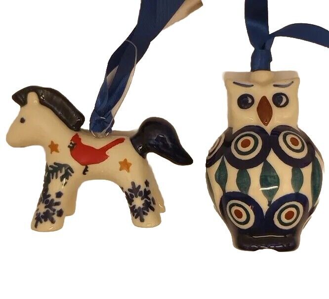 Boleslawiec Polish Stoneware Pottery Owl And Horse Christmas Ornament 