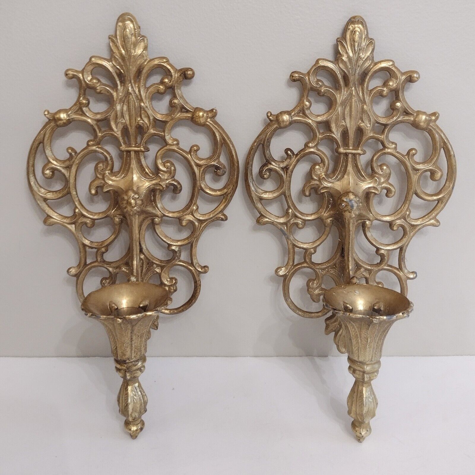 Vintage Pair Of Gold Gilt Metal Wall Sconces Candle Holders Hollywood Regency...