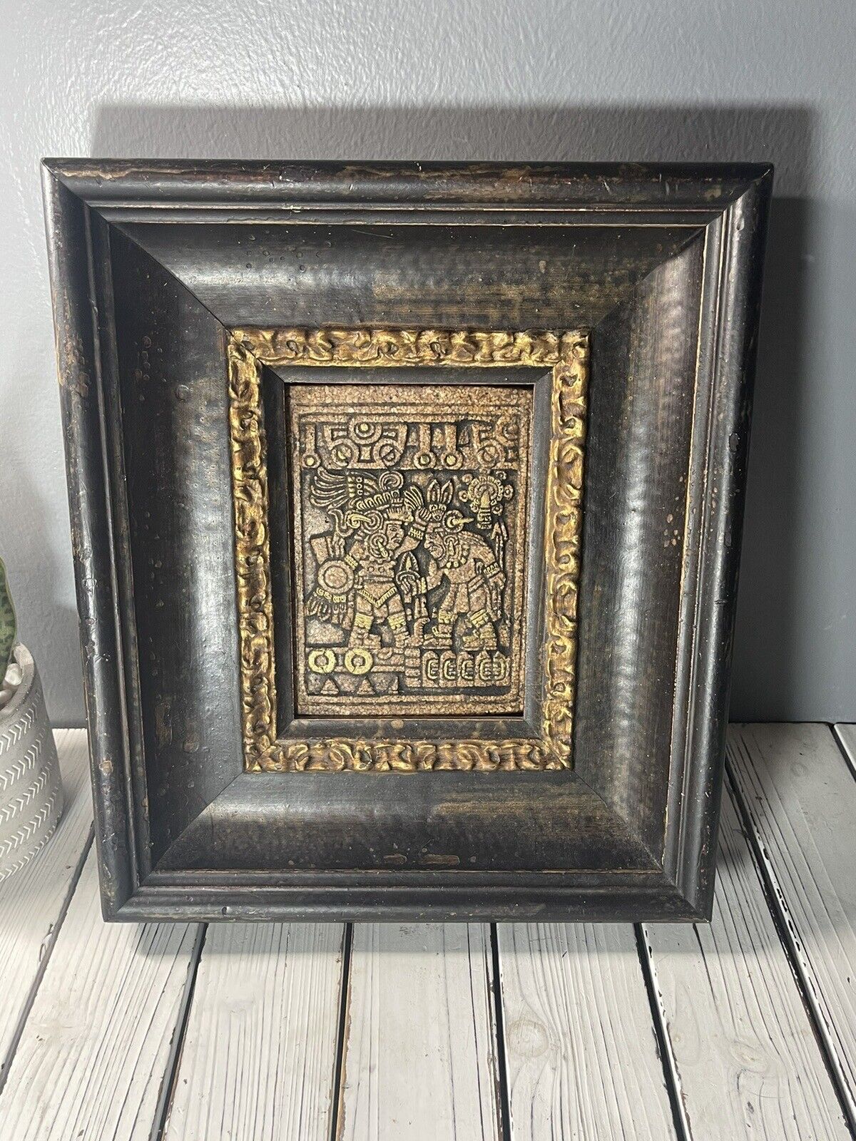 Mayan Aztec Native American Clay Stamp Tablet Art Framed Vintage Sarcophagus