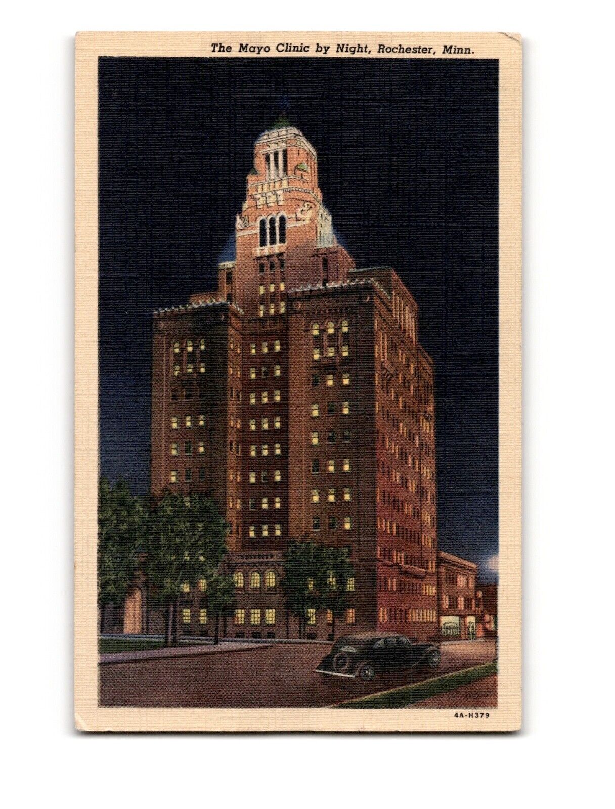 Mayo Clinic Rochester MN Vintage Night View Postcard 1940s