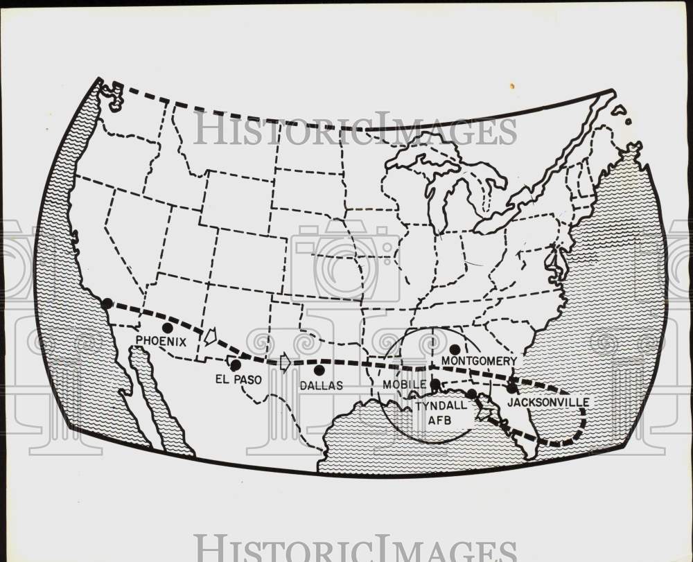 1960 Press Photo Map shows path of F-106 Delta Dart from California to Florida