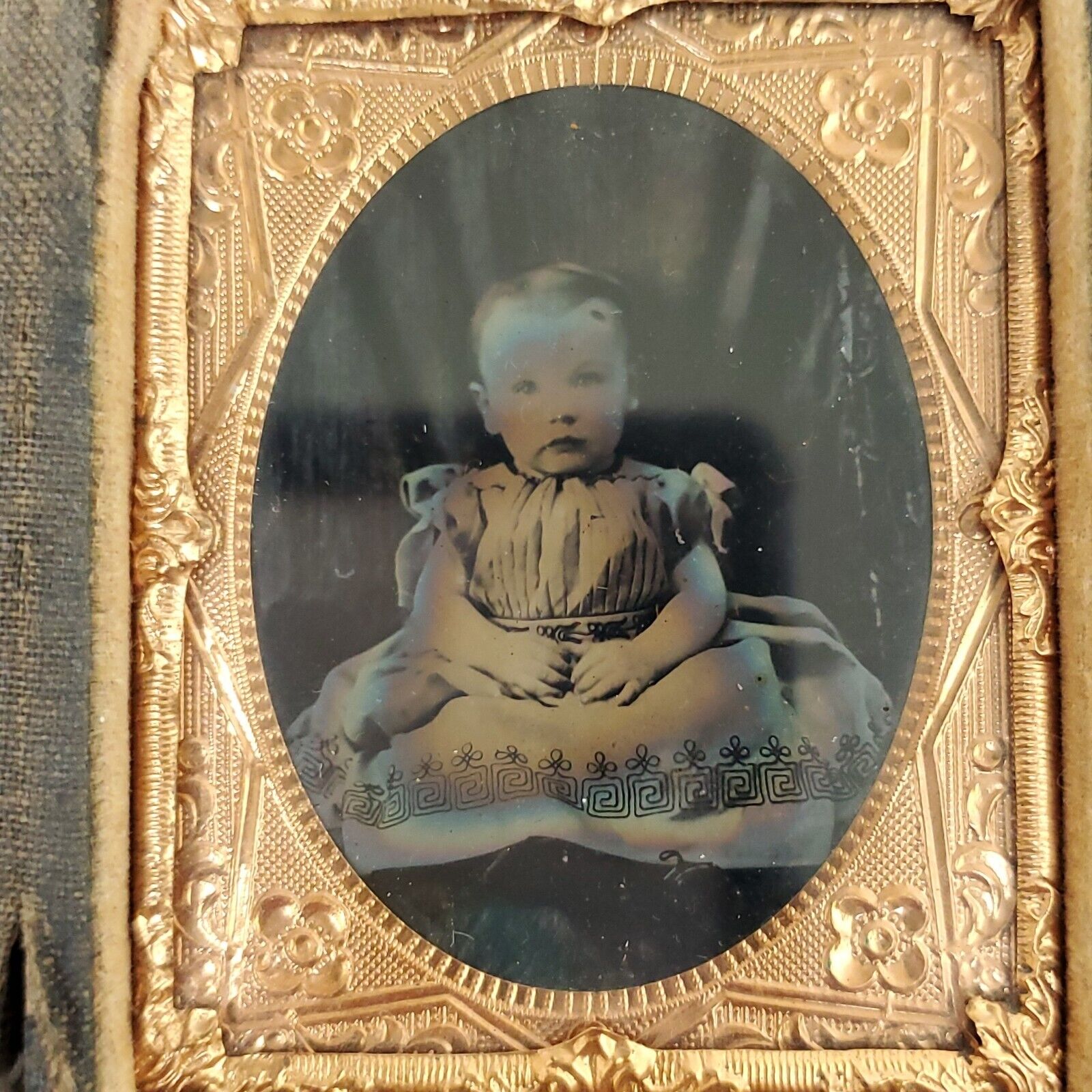Antique Tintype Baby Girl in Dress Brass Frame Case 1/6th