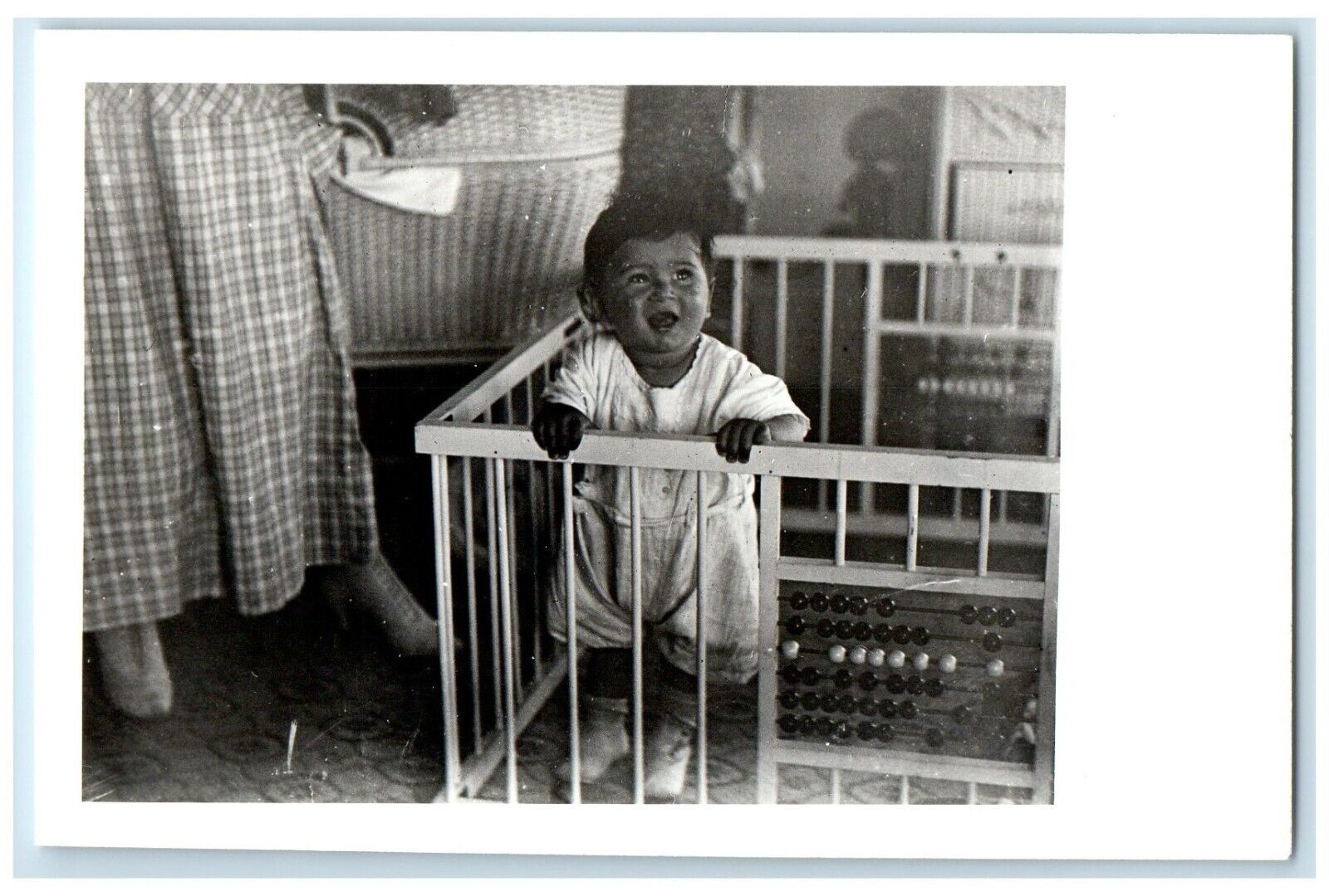 c1940's Cute Baby Girl Standing In Her Crib Unposted Vintage RPPC Photo Postcard