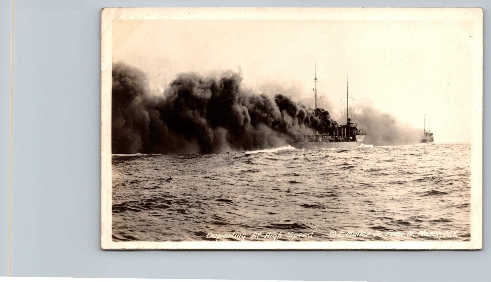 Postcard Departing At High Speed Navy Ship Fleet E Muller Jr N Moser NY WWI RPPC