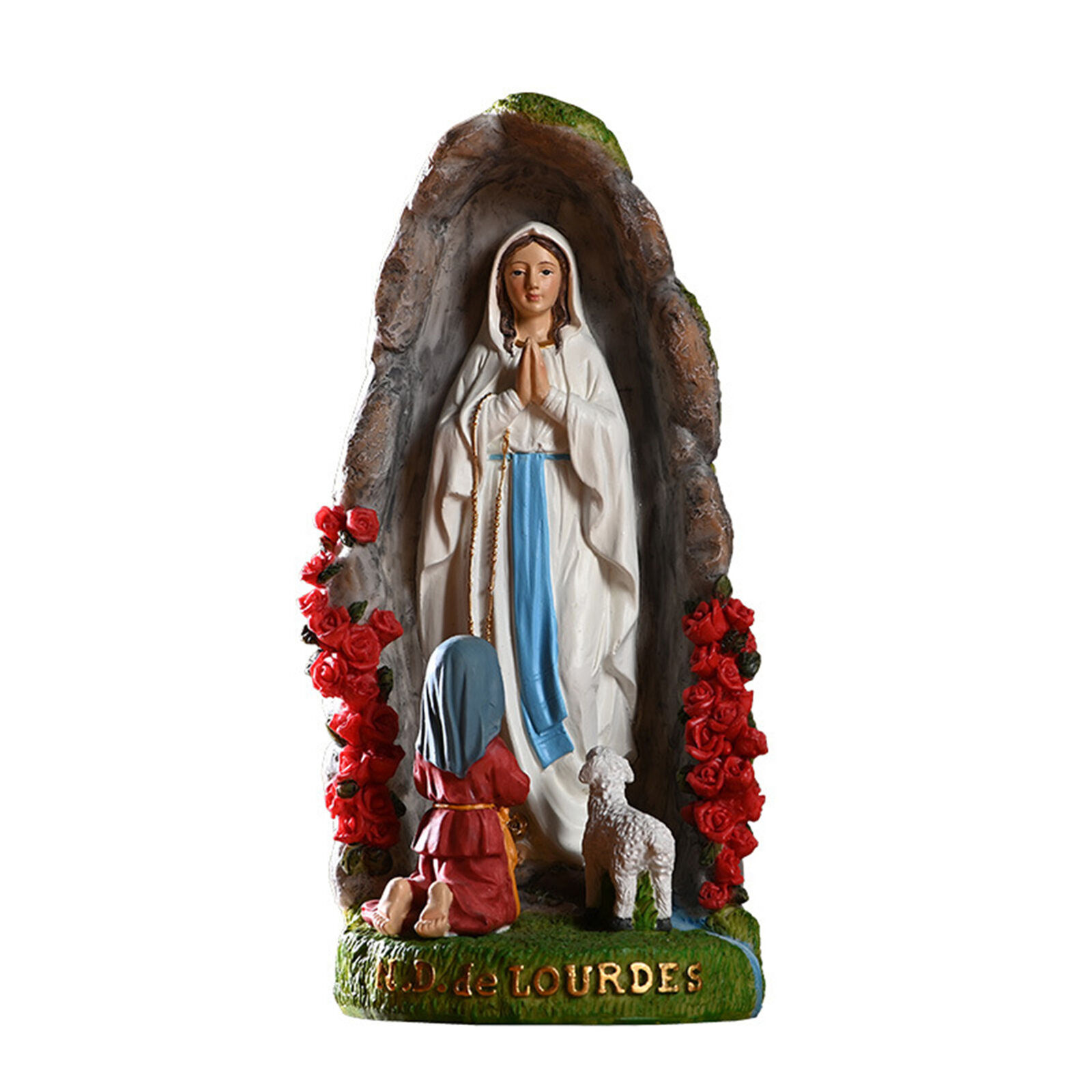 Virgin Mary Statue - Our Lady of Lourdes with St Bernadette and Lamb Figurines