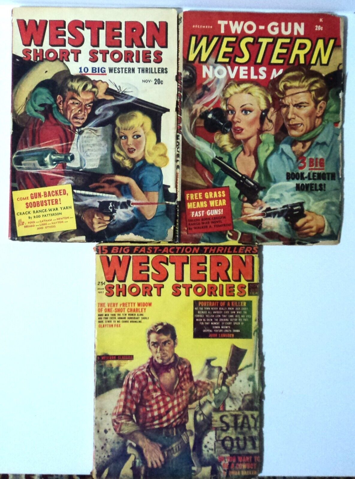 WESTERN SHORT STORIES + TWO GUN WESTERN NOVELS LOT 1947 - 57 (3) Pulp Cover GD