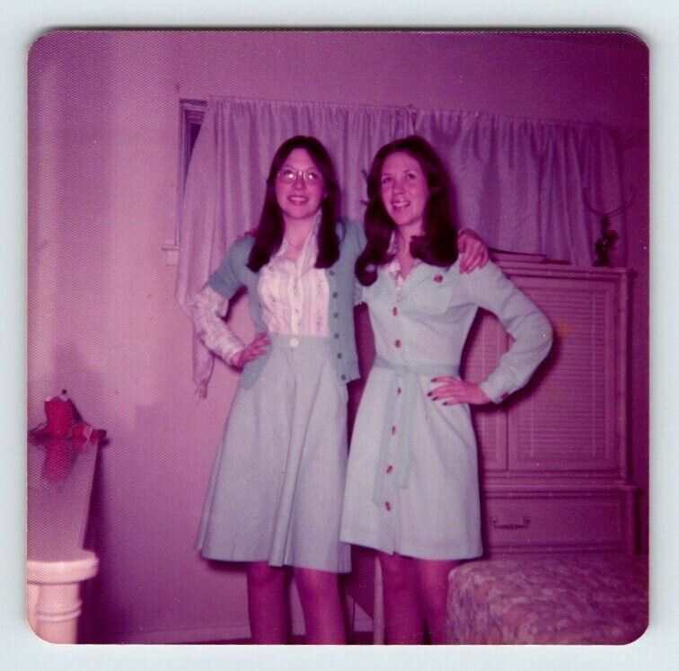 Vintage Photo 2 Pretty Young Women All In Blue 1970's Found Art R160C