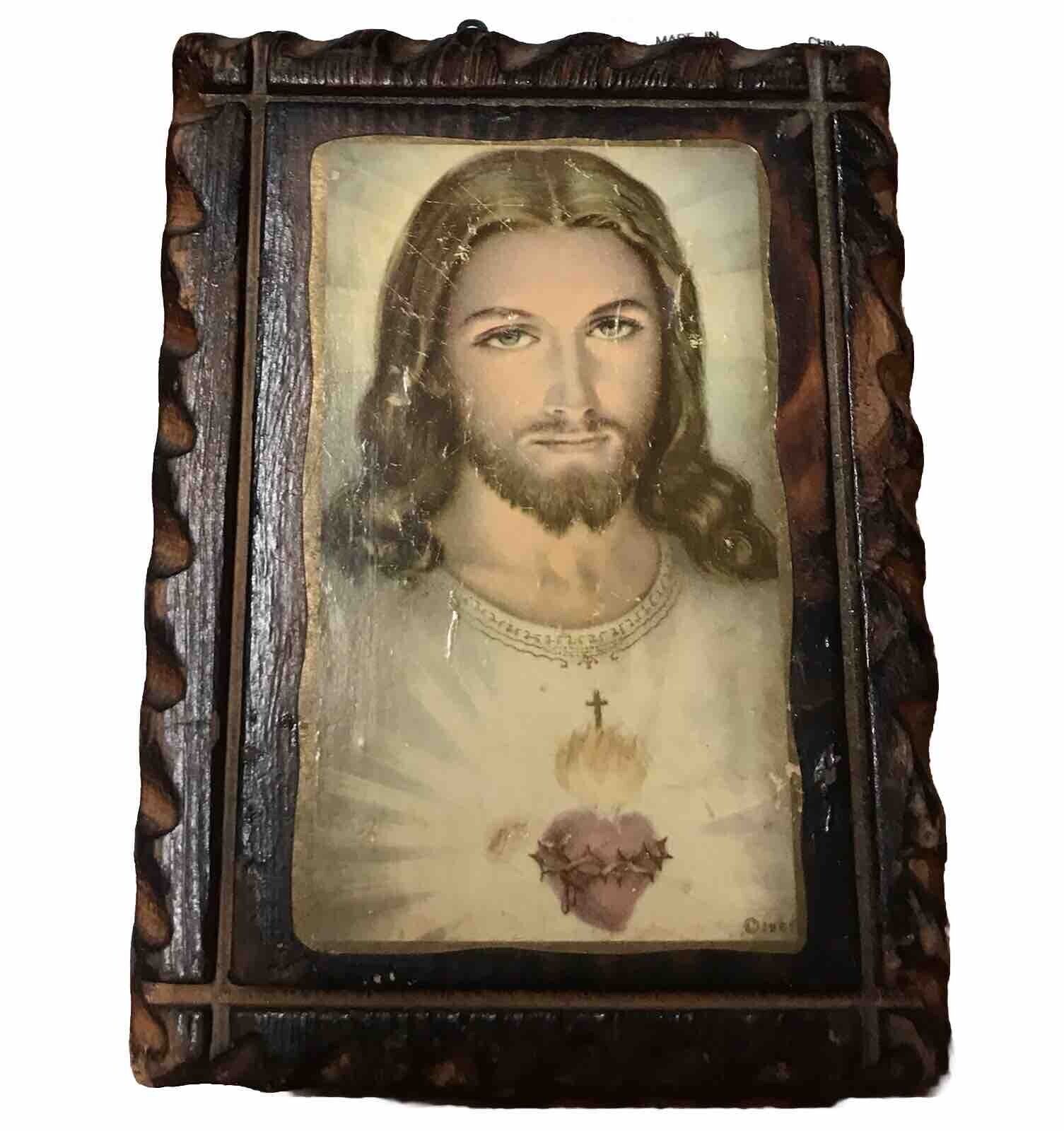 VINTAGE 1961 WOODEN WALL PLAQUE OF OUR LORD JESUS CHRIST HEART  4x6 Inch