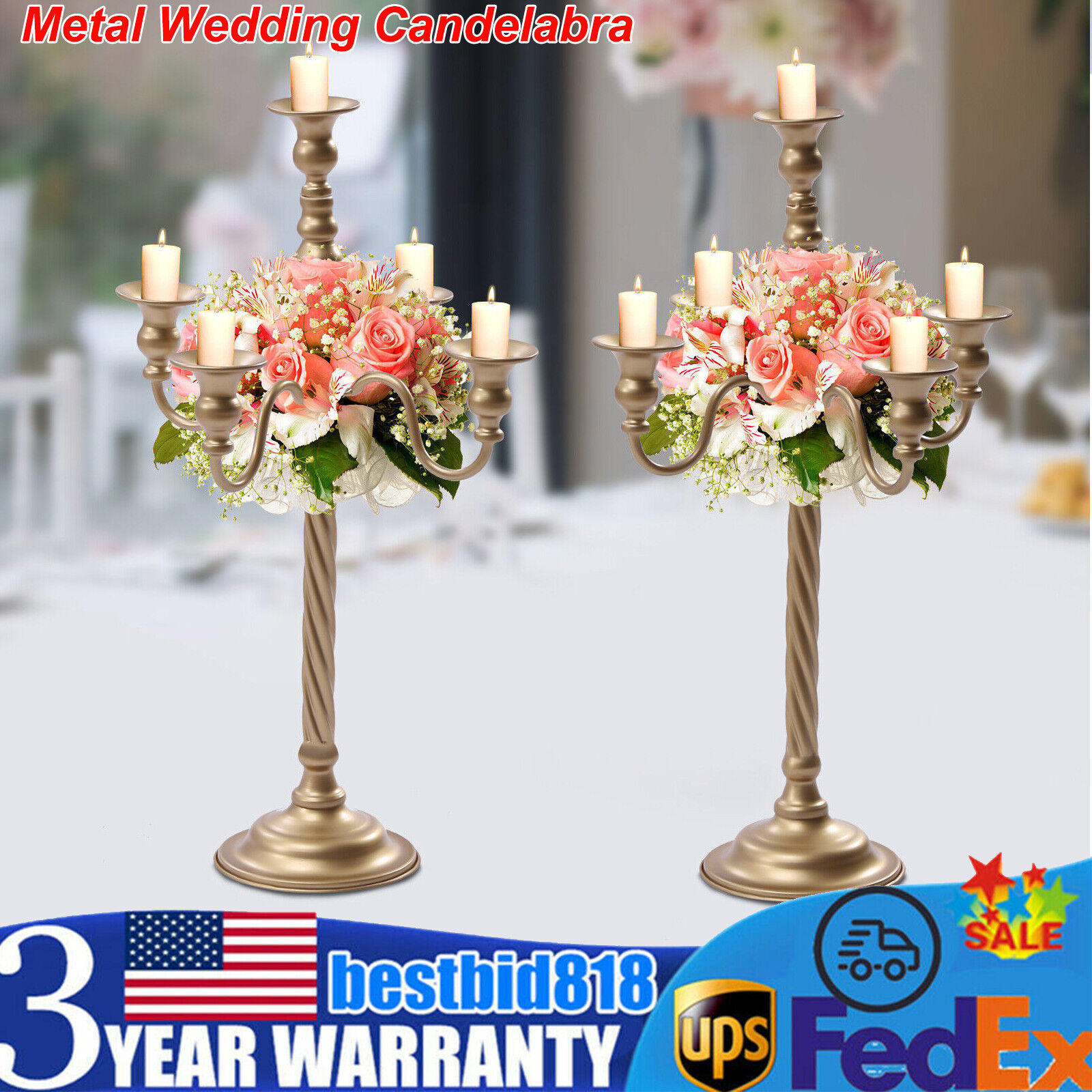 2Pcs Metal Candelabra Candle Holder Floral Stand Wedding Party Table Centerpiece