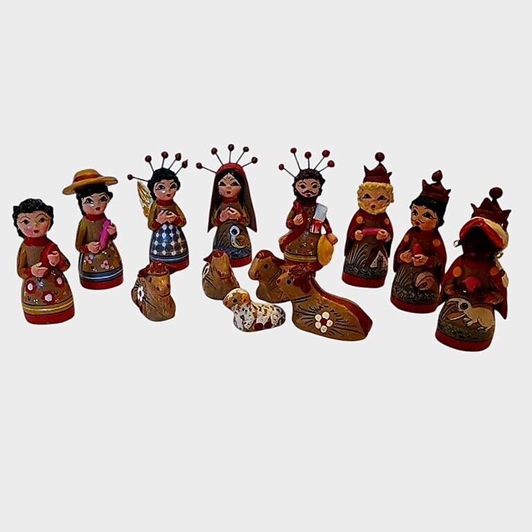Vintage Tonala Mexican Nativity Scene Hand Painted Mexico Pottery Folk Art 13-pc