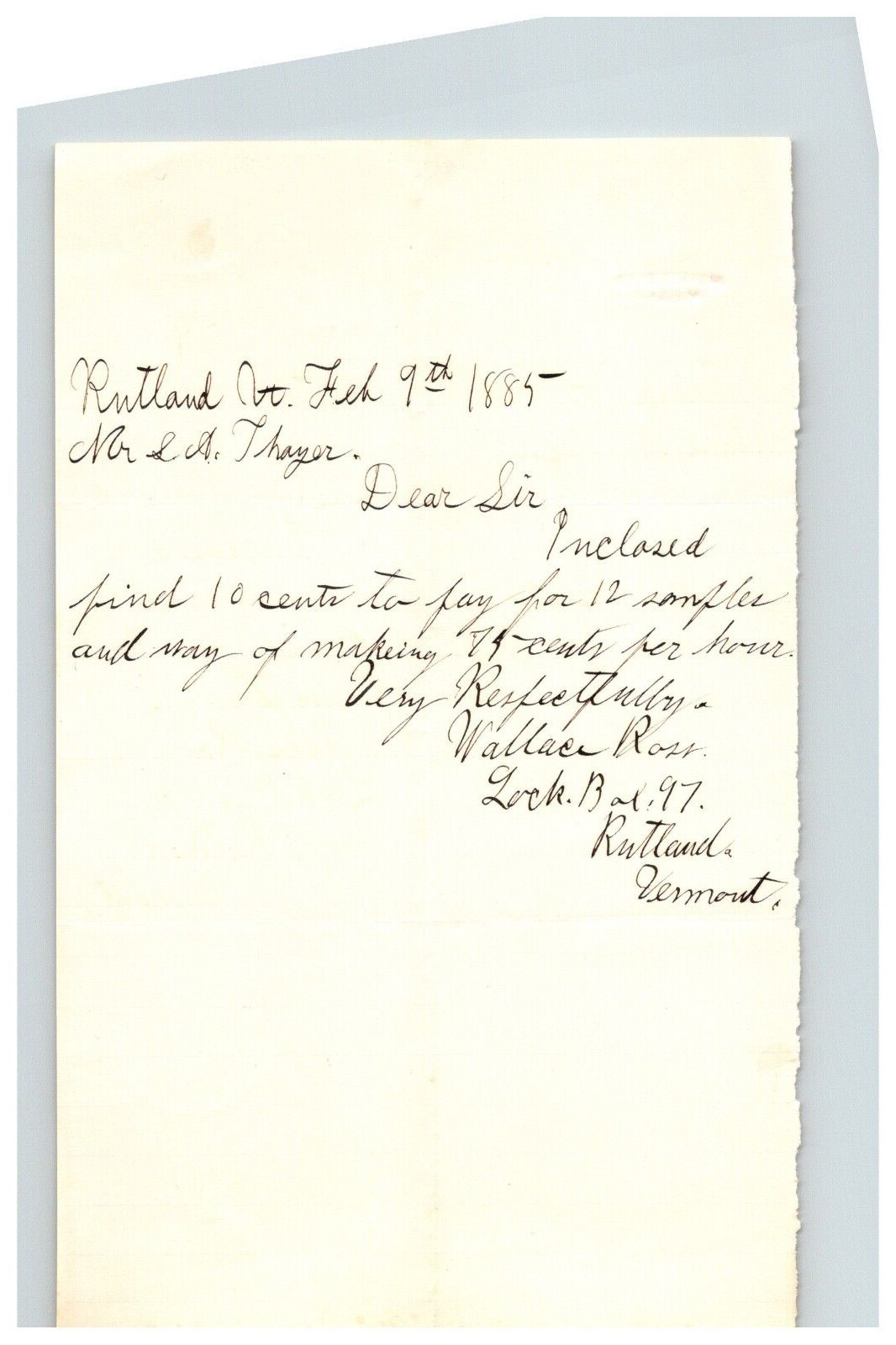 1885 Handwritten Letter Wallace Ross Rutland Rutland Vermont VT Embossed Stamp