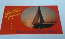 Vintage postcard Greetings from Brunswick and Bath Maine sailboat picture