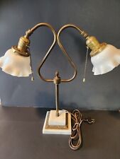 Antique Opaque Ruffled Glass Dbl Gooseneck Brass Marble Lamp Cottage Farmhouse picture