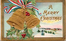 Postcard Patriotic Xmas Gold embossed bells ribbon holly 1908 Potsdam NY picture
