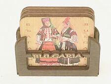 Hand Crafted Vintage Wooden Souvenir Coaster Set Bulgaria Traditional Folk Dress picture