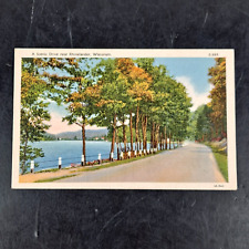 VINTAGE 1934 CURT TEICH LINEN POST CARD SCENIC LAKESIDE DRIVE RHINELANDER, WI picture