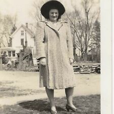 Vintage Snapshot Photo Pretty Woman 1940s Fashion Wearing Hat Glasses Coat 1941 picture