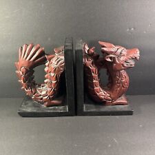 World Market Chinese Red Dragon Wooden Carved  Dragon Book Ends 8''X6'' picture