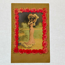 Vintage Antique Victorian Lady With Large Hat and Border of Roses Postcard  picture
