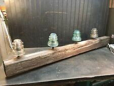 True Vtg Antique Telephone Telegraph  Wooden  Post 4ft and  4 Glass  Insulators picture