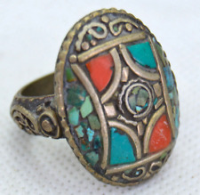 ANCIENT BRONZE ANTIQUE RING WITH TURQUOISE STONES AMAZING VERY STUNNING SIZE 9 picture